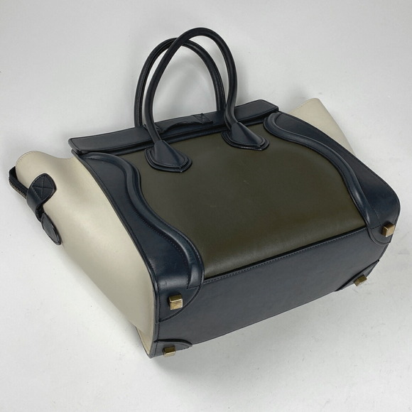 Celine Luggage Micro Shopper Leather Tote Handbag Khaki Blue White - Picture 2 of 7